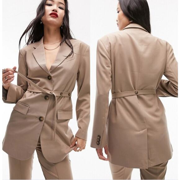 Topshop Belted Tunic Blazer Suit Jacket Tan Office Business Career Size 4 NEW - Picture 1 of 12